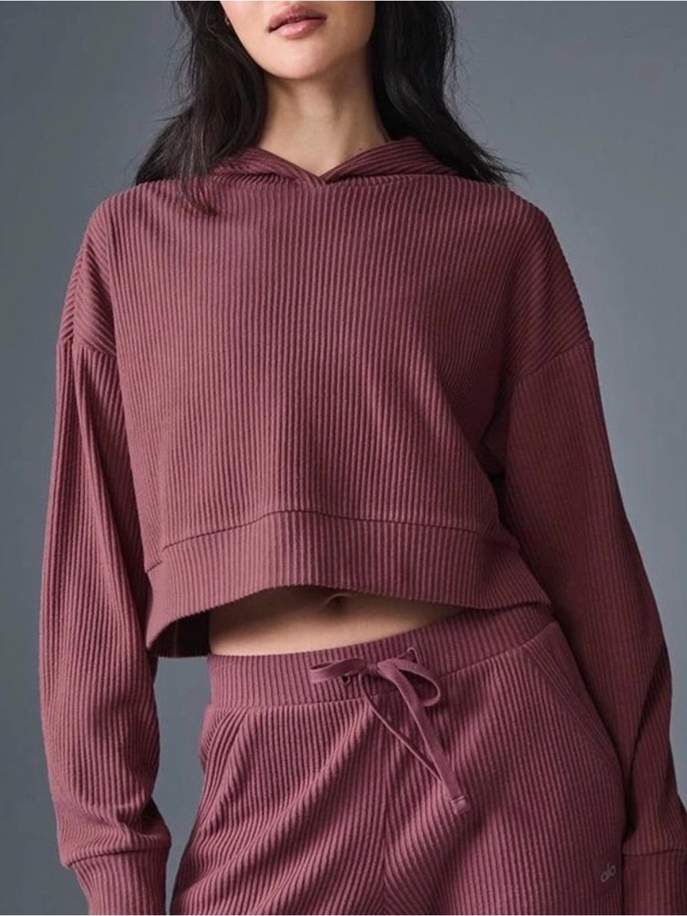 ALO Yoga Ribbed Cropped Hoodie in Mauve Rose